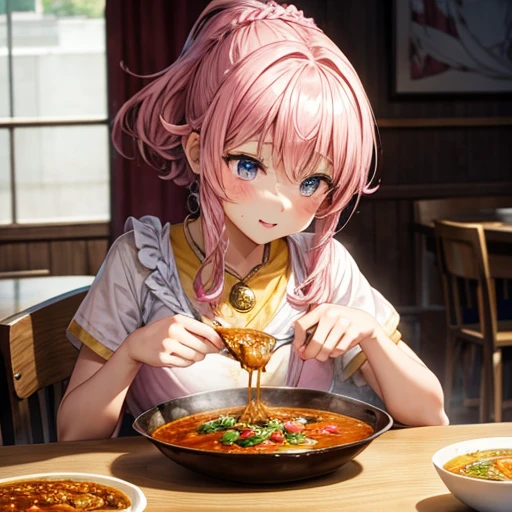 Pink statue eating curry