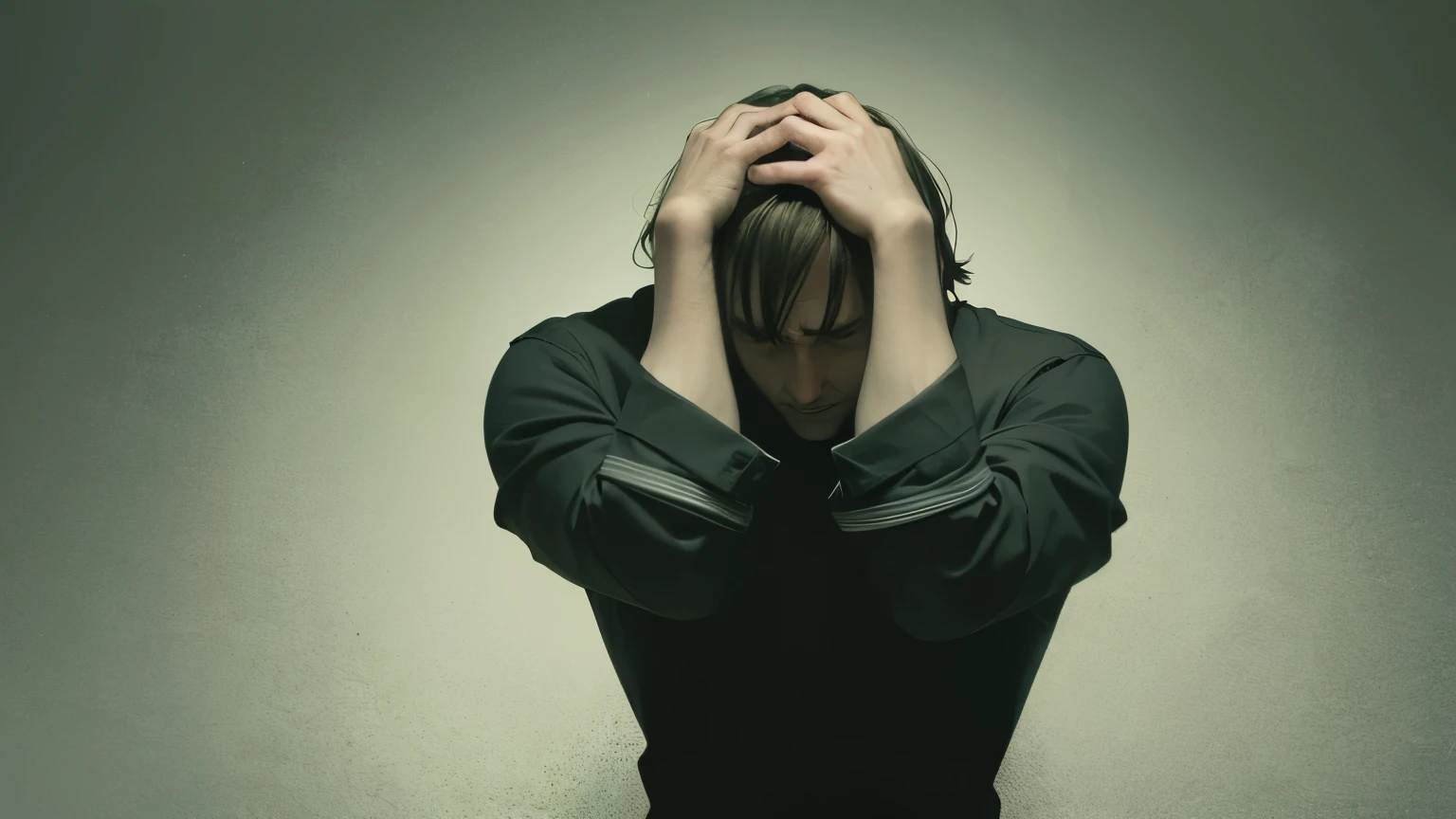 A man holding his head in distress The atmosphere is dark and eerie