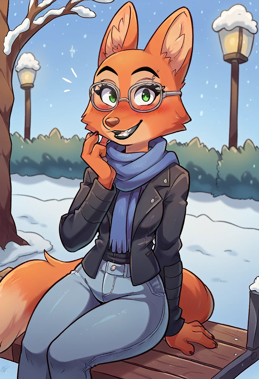 score_9, score_8_up, score_7_up, score_6_up, score_5_up, score_4_up, Diane_Foxington, fox, ginger fur, emerald eyes, black lipstick, sharp black eyebrows, silver piercings on eyebrow, dusty-pink nose, black eyelashes, 4 fingers, winter clothes, scarf, warm smile, happy, looking at the viewer with a curious face, glasses, sitting on a bench in the park, with one hand on her cheek, blushing