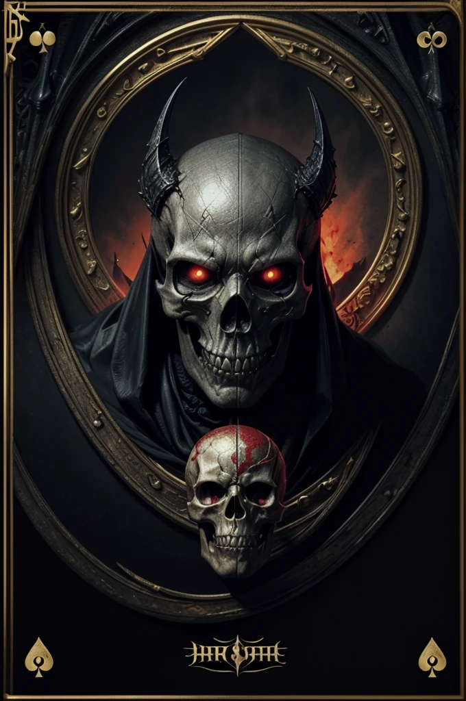 Draw a skull centered within a playing card, with black borders and golden letters. The skull is surrounded by red gargoyles, all in a gothic and sinister style. The background of the card is white, emphasizing the dark and eerie details of the scene.