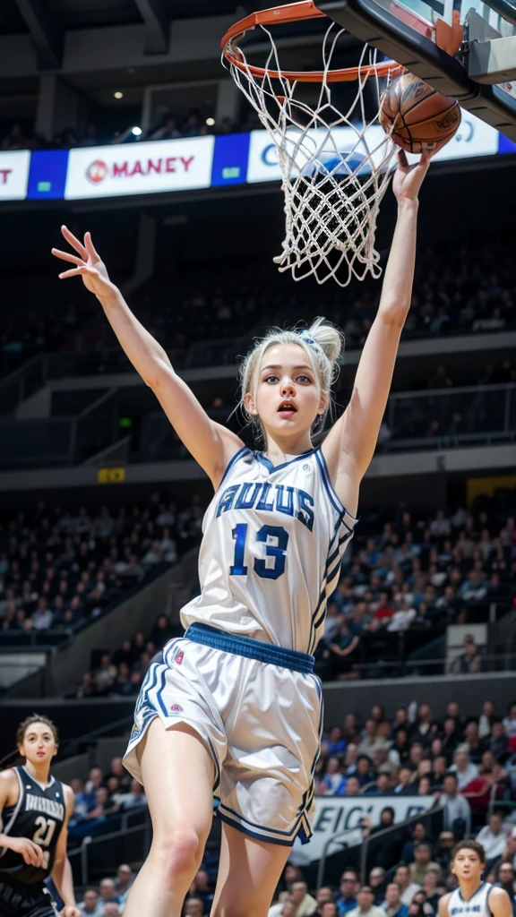 Female ager with white hair up, blue eyes and white skin doing a dunk in basketball