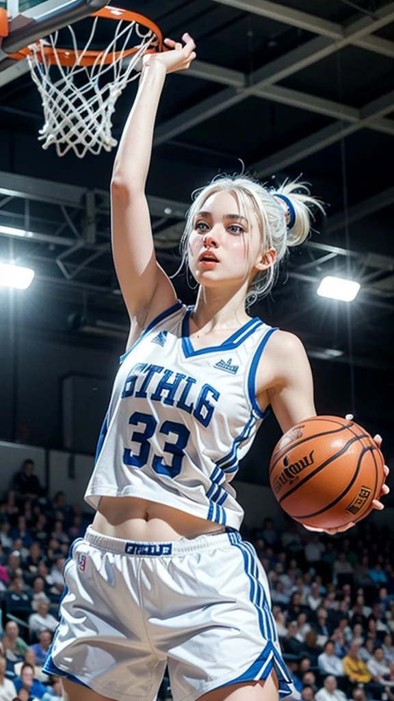 Female ager with white hair up, blue eyes and white skin doing a dunk in basketball