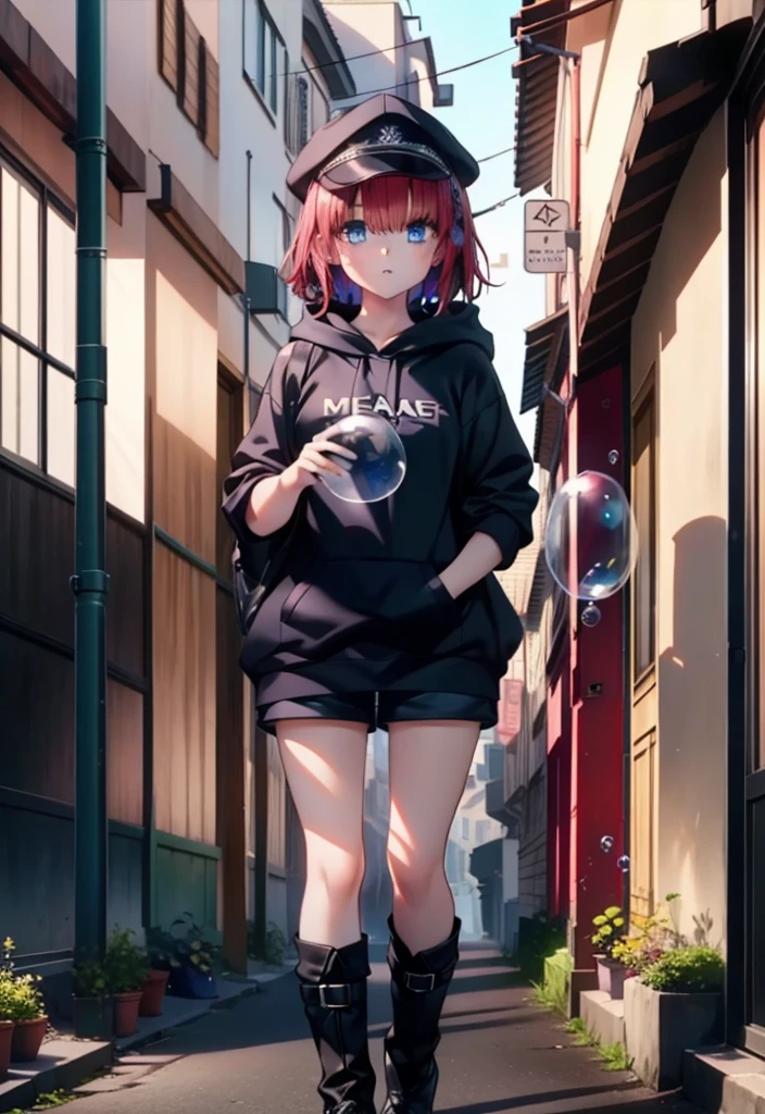 (masterpiece, Highest quality:1.2),shape,8K,High resolution,mea kurosaki,Mea Kurosaki,Redhead,Long Hair,Purple eyes,1 Girl,Hunting Cap,Oversized black hoodie,Black shorts,short boots,Blowing bubble gum,Standing with one's back against a graffitied wall,rain,night,cloudy,whole bodyがイラストに入るように,
break looking at viewer,whole body,
break outdoors, Alley,
break (masterpiece:1.2), Highest quality, High resolution, ユニティ 8K 壁紙, (shape:0.8), (Beautiful and beautiful eyes:1.6), Highly detailed face, Perfect lighting, Highly detailed CG, (Perfect hands, Perfect Anatomy),