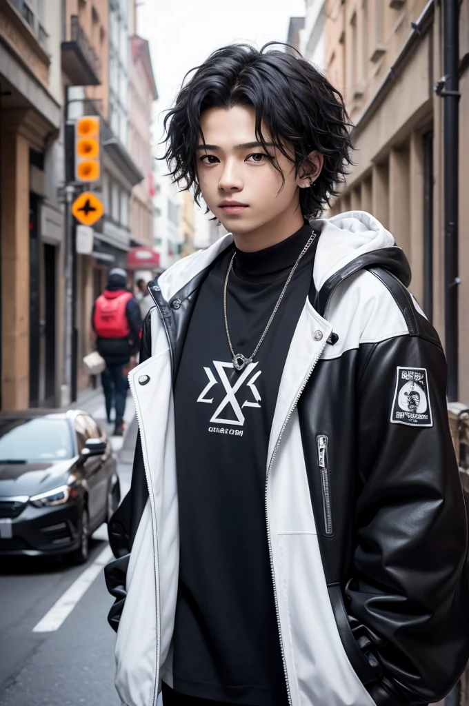 Boy with messy hair, white and black sweatshirt, black pants and he has a ribbon on his mouth looking like an X and he is also making the peace and love symbol with both hands and he also has a kind of pointed ear