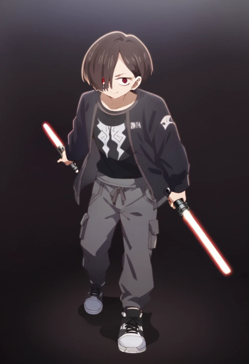 Kyoutarou Ichikawa,,, Red eyes, smile evil, black jacket, black t-shirt with red details, gray sports pants, sneakers, lightsaber de color rojo, lightsaber (star wars), black background, 