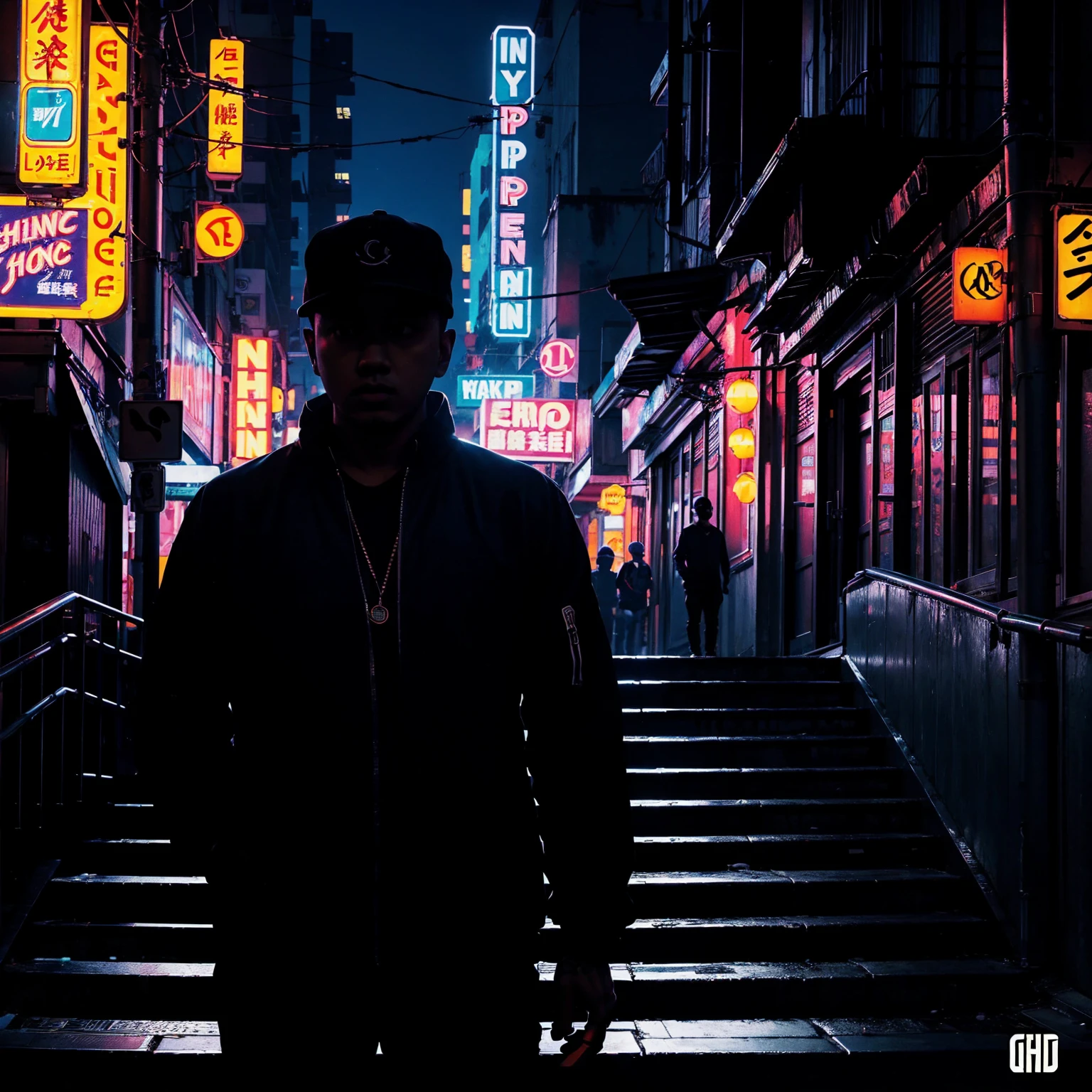 city street, night, neon light, stairs, (hip hop album cover art), (cover art), (asian rapper silhouette)