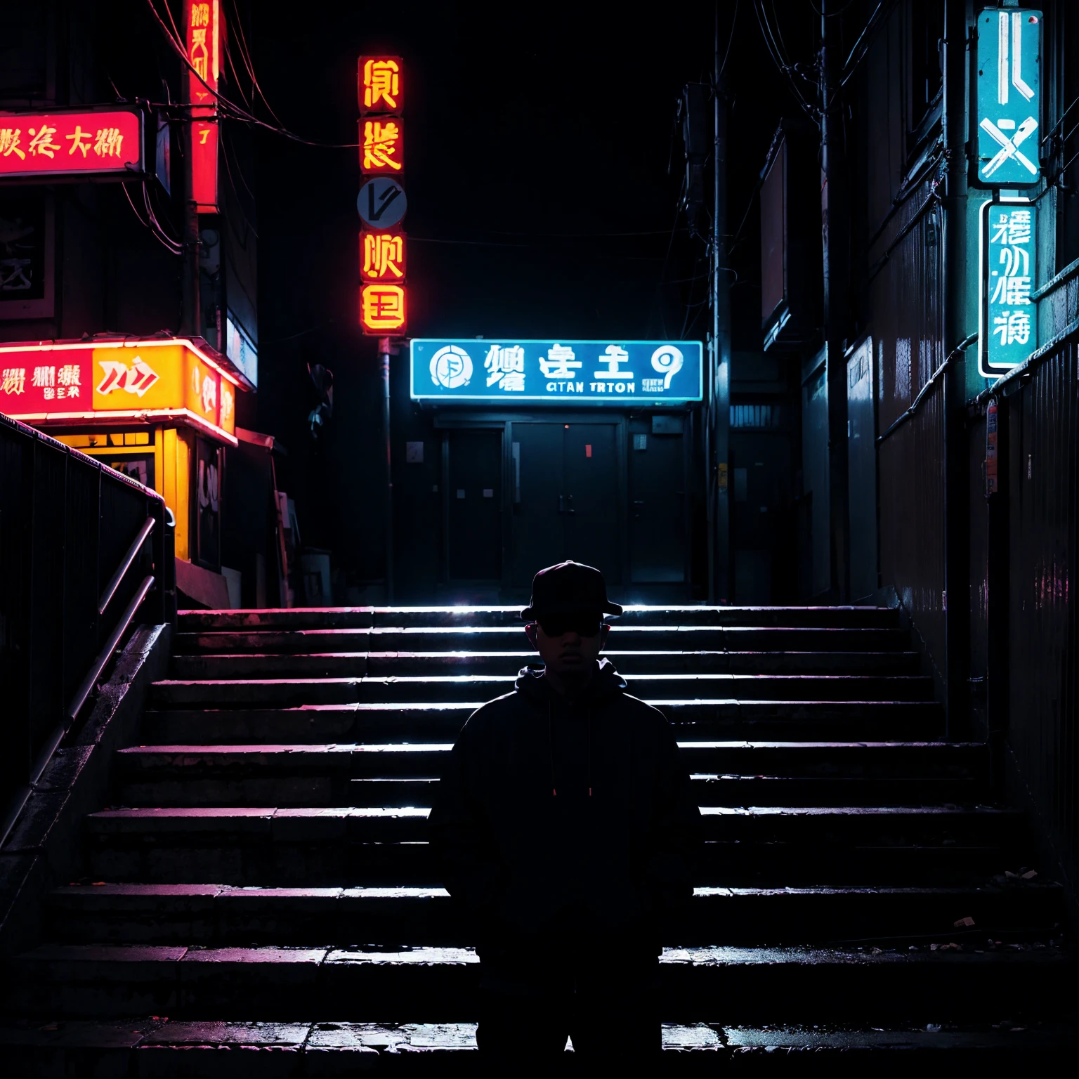 city street, night, neon light, stairs, (hip hop album cover art), (cover art), (asian rapper silhouette)