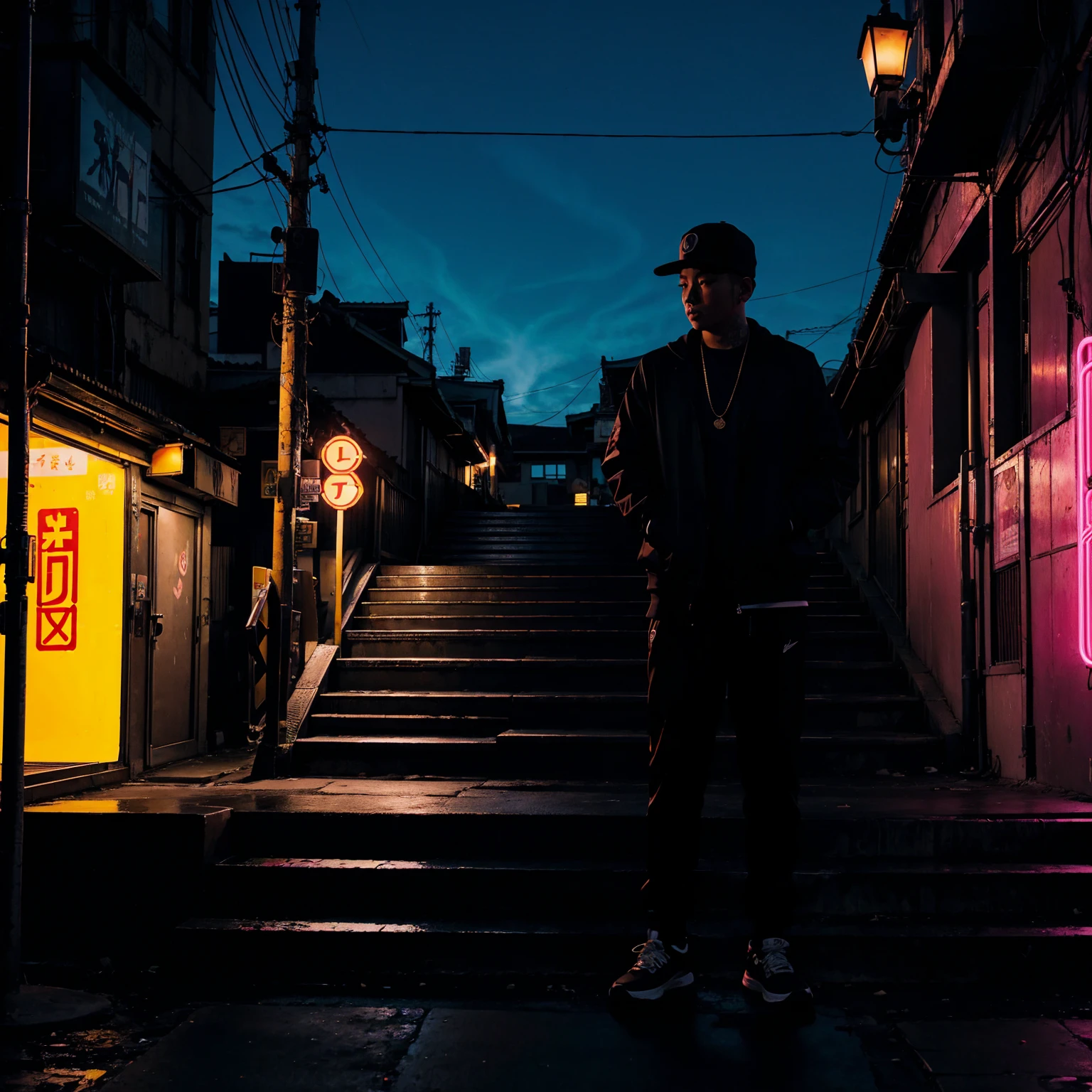 city street, night, neon light, stairs, (hip hop album cover art), (cover art), (asian rapper silhouette)