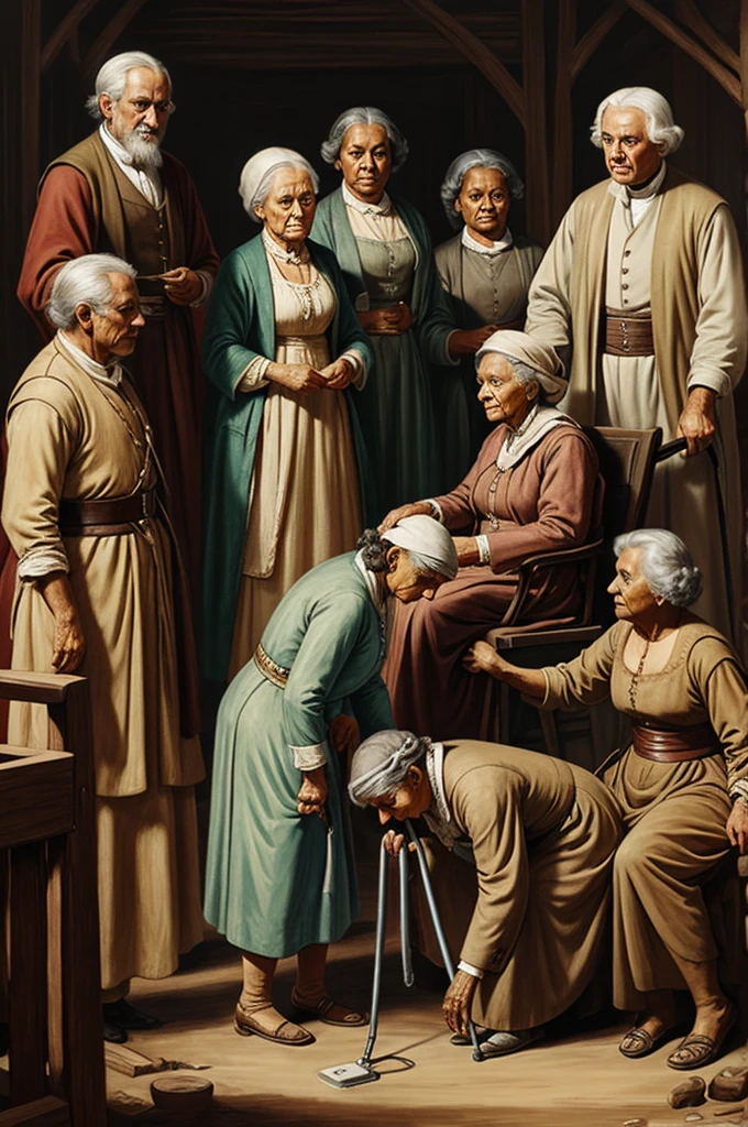 Draw an old woman who governs a group of slaves and prepares them for a colonoscopy
