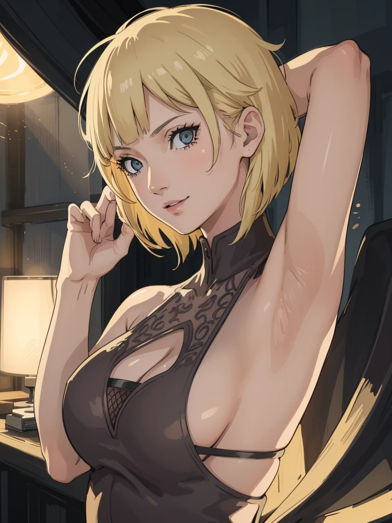 Best quality, masterpiece, ultra high res, 1girl, sexy, in the dark, deep shadow, low key, cold light, milf, blonde, dynamic light, cinematic lighting, cinematic lighting, down blouse, mature woman, middle parted hair, nsfw, natural breast, upper body, milf, samui, simple smile, armpits visible, detailed armpits, sweaty armpits