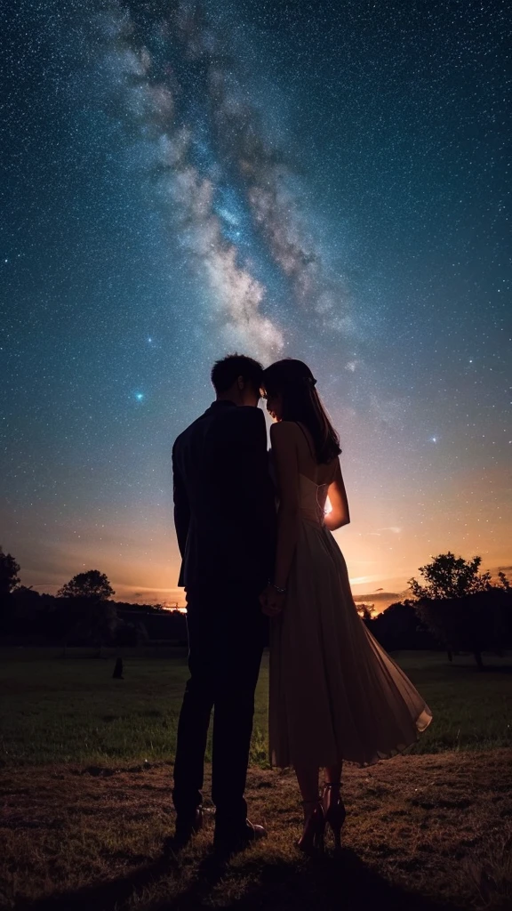 Beautiful starry sky Under the night view The backs of lovers standing side by side An illustration