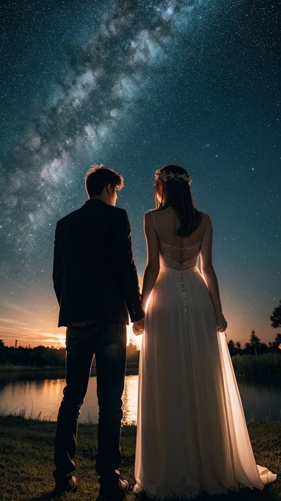 Beautiful starry sky Under the night view The backs of lovers standing side by side An illustration