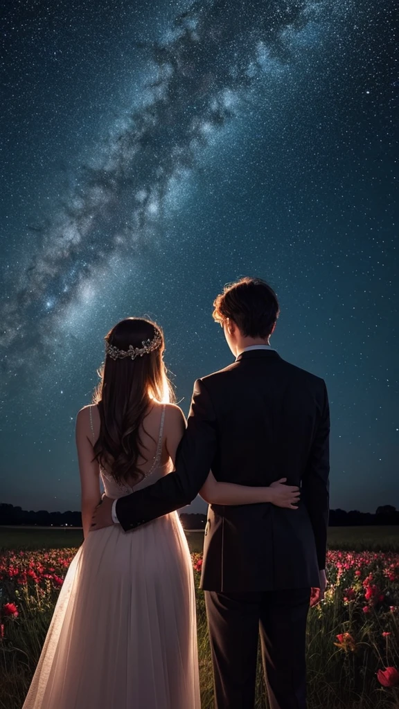 Beautiful starry sky　Under the night view　The backs of lovers standing side by side　An illustration