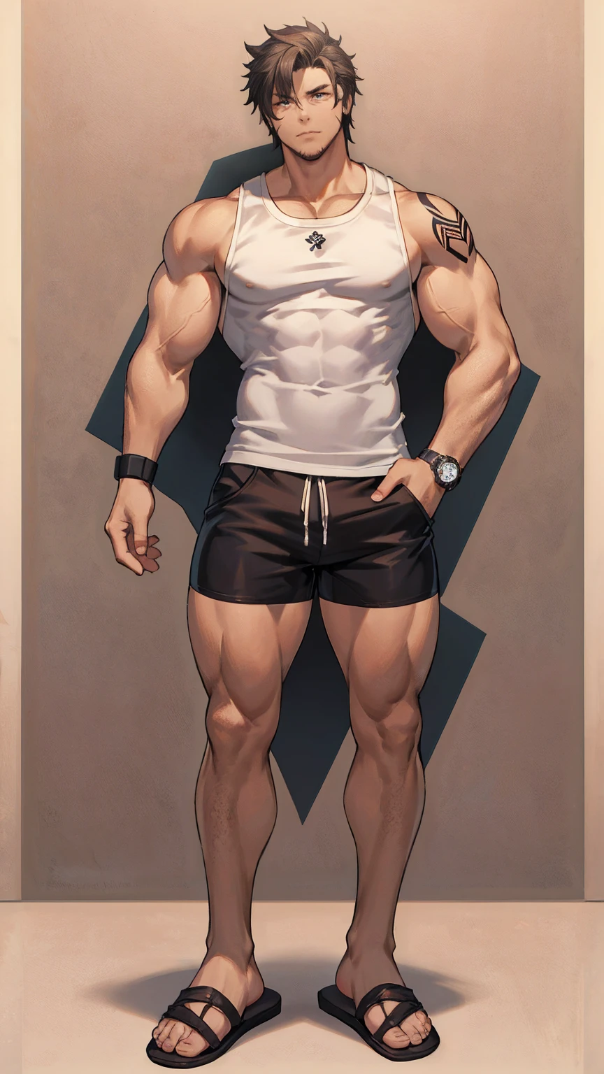 (8K, best quality, masterpiece:1.2),(best quality:1.0), (Ultra-high resolution:1.0),(Delicate facial features:1.0),cartoon, A muscular man, Tattoo,shorts,Sleeveless shirt,Right hand watch,slippers,Full body portrait,