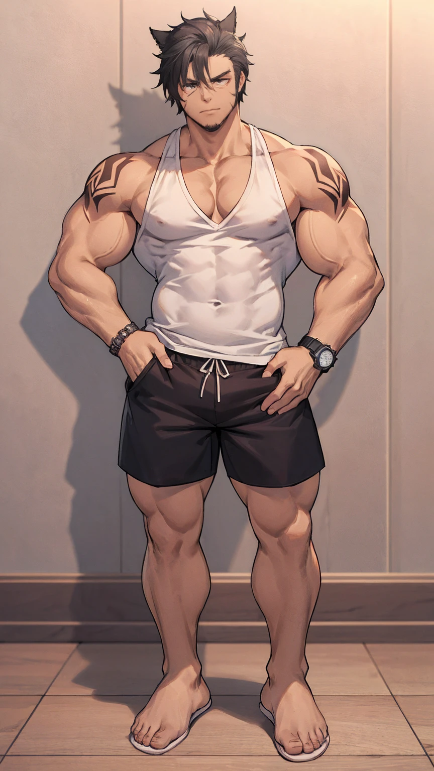 (8K, best quality, masterpiece:1.2),(best quality:1.0), (Ultra-high resolution:1.0),(Delicate facial features:1.0),cartoon, A muscular man, Tattoo,shorts,Sleeveless shirt,Right hand watch,slippers,Full body portrait,