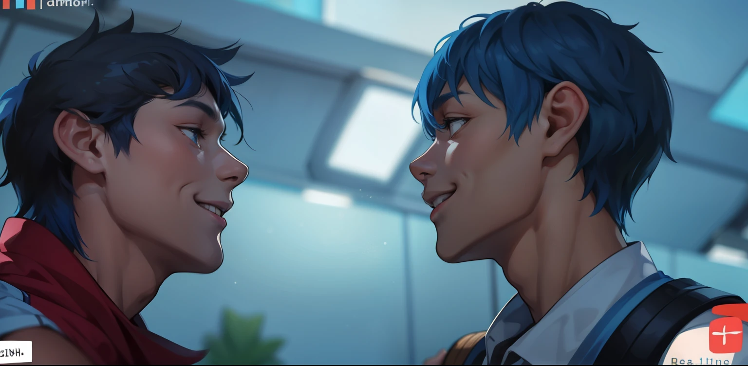 There are two boys with blue hair, they love each other, they smile with joy.
