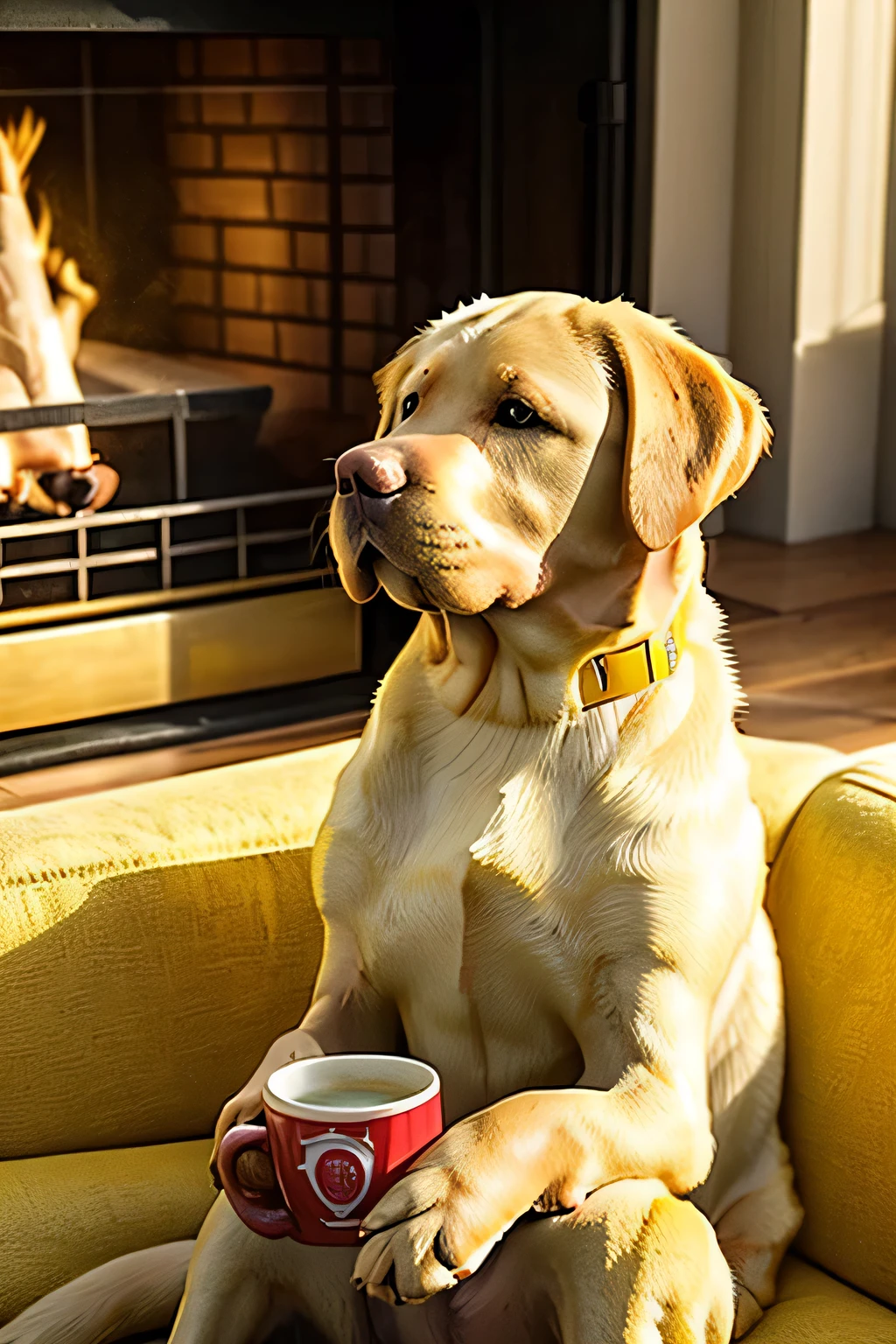 best quality:1.23), (masterpiece:1.12), (realistic:1.24), (yellow lab dog:1.5) holding a coffee cup, couch eating breakfast and holding a coffee cup,red collar , particles, volumetric lighting, fireplace in background , smoke,