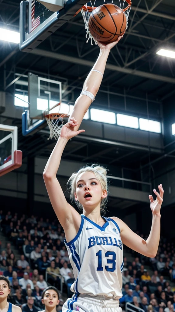 Female teenager with white hair up, blue eyes and white skin doing a dunk in basketball