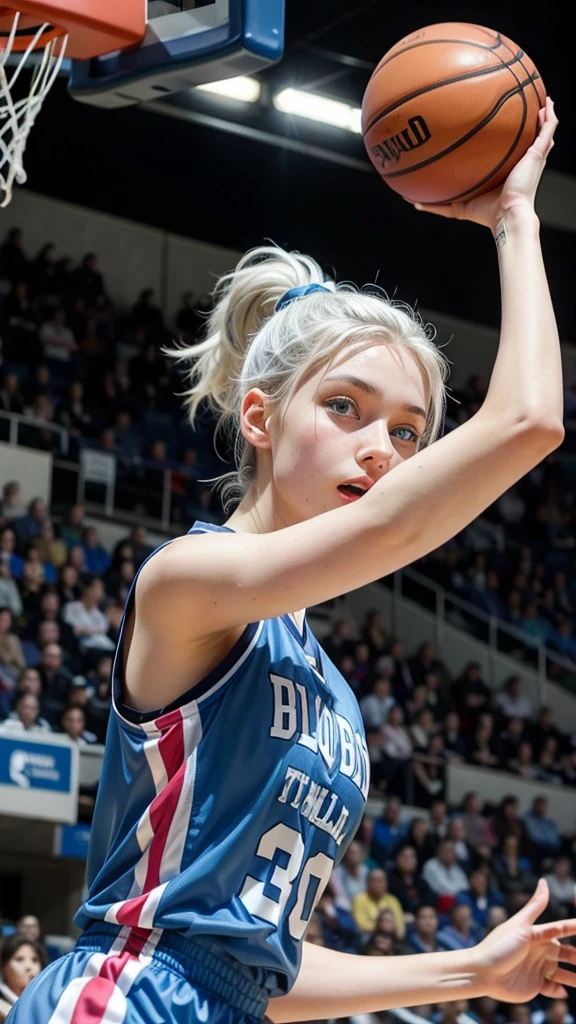 Female teenager with white hair up, blue eyes and white skin doing a dunk in basketball