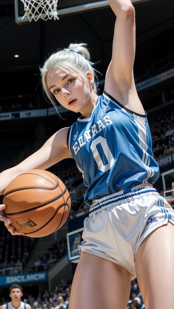 Female ager with white hair up, blue eyes and white skin doing a dunk in basketball
