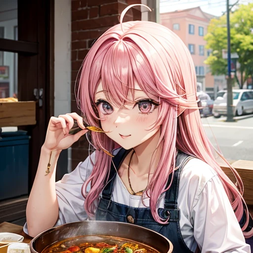 Pink hair eating curry　Like an ear