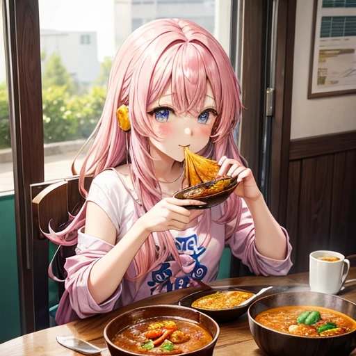 Pink hair eating curry　Like an ear