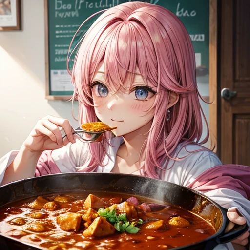 Pink hair eating curry Like an ear