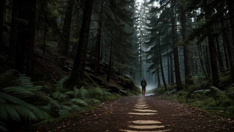 Mysterious path,scout boy:
&quot;An arrow, rocky path through a gloomy forest. In the middle, scout boy va adelante, holding a flashlight that illuminates the path with a soft light. Around him, the dark environment transforms into a serene and hopeful landscape.&quot;