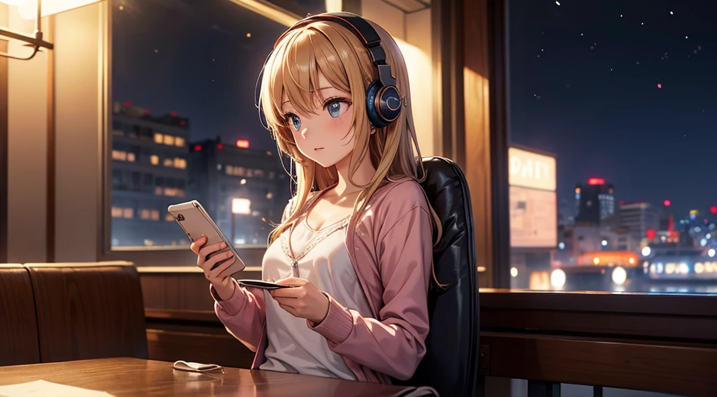 Girl with headphones enjoying music in a cafe　I am studying　Emphasize a little bit of the chest　Night Background