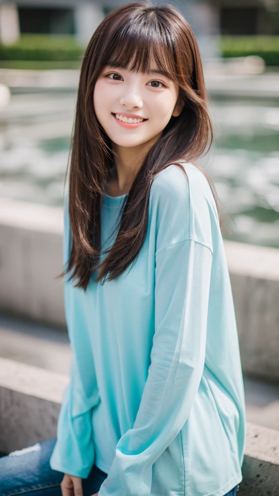 (top-quality、16K resolution) 1 girl、solo、natural soft light、smile, Looking at the camera、Long sleeve T-shirt、Concrete background、Facing the front、is standing、Woman in her late teens、Light bangs、Salon model、Natural look、portlate、floated hair、Rolled hair