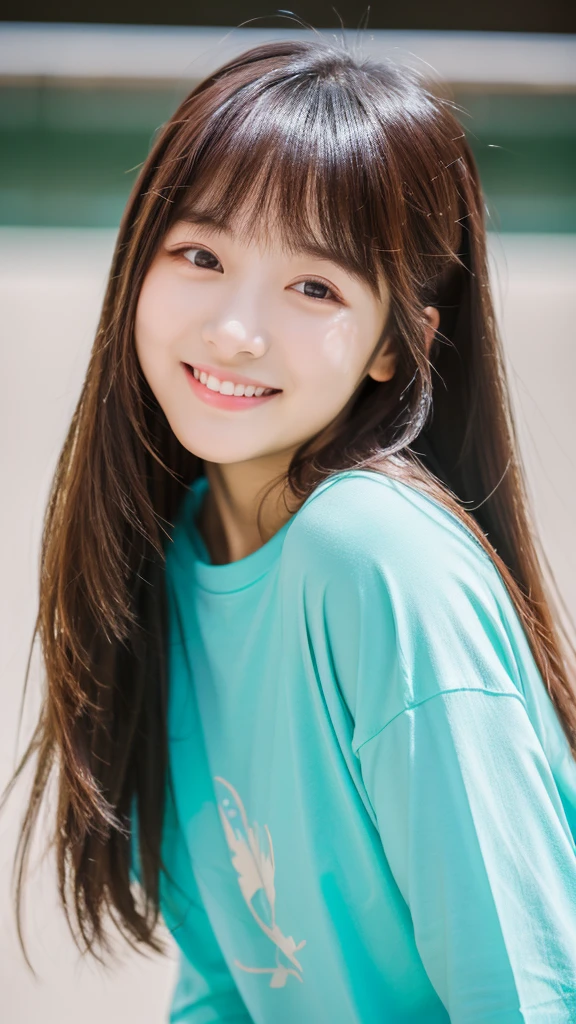 (top-quality、16K resolution) 1 girl、solo、natural soft light、smile, Looking at the camera、Long sleeve T-shirt、Concrete background、Facing the front、is standing、Woman in her late s、Light bangs、Salon model、Natural look、portlate、floated hair、Rolled hair