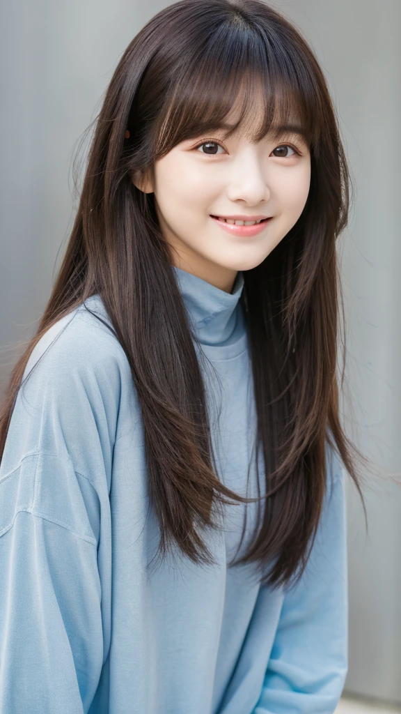(top-quality、16K resolution) 1 girl、solo、natural soft light、smile, Looking at the camera、Long sleeve T-shirt、Concrete background、Facing the front、is standing、Woman in her late teens、Light bangs、Salon model、Natural look、portlate、floated hair、Rolled hair