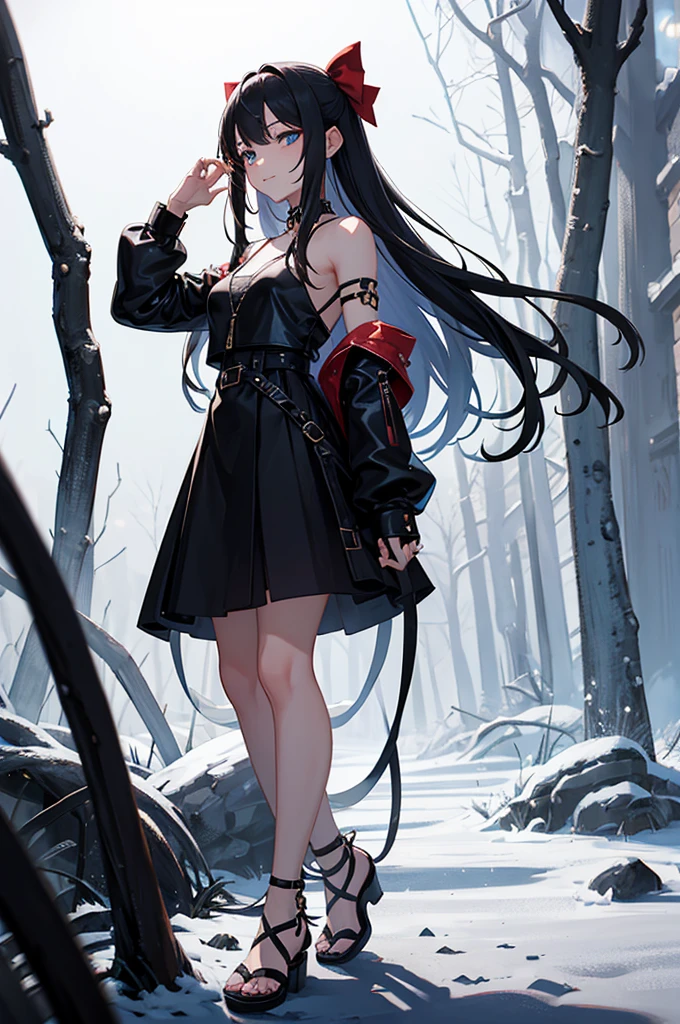 1girl, solo, accurate, Reimu Hakurei, Touhou, forest-background, sunset, clouds, sunny-background, in-the-middle-of-nowhere, detailed, detailed lighting, absurdres, high resolution, sharp, ultrasharp, 8K, masterpiece, looking at viewer, looking-at-husband-which-is-the-viewer, cowboy shot, beautiful, depth of field, blurry background, masterpiece, best quality, married, large-breasts:1.3, beautiful-face, half-closed-eyes, navel, standing, best quality, 28 years old:1.5, long hair, straight hair, black hair, large bangs, detailed fingers, beautiful fingers, beautiful long legs, beautiful body, beautiful nose, perfect face, mature:1.1, mature female:1.2, slight-muscle-on-the-arms, female-muscle-body_(small), badass, sexy, gorgeous, woman, perfect, happy, in-love, smile, grin, romantic, true-love, wholesomeness, pure-love, emo, detailed jacket, sexy-black-leather-jacket, blue shirt, black-plain-choker-necklace_(nothing-on-it), large-black-necklaces_(fancy), black-straps-around-both-arms, gold-logo-on-black-straps-on-the-jacket, detailed skirt, long-black-skirt, flipflops, full-body, woman, black eyeliner (makeup), black-vertical-pupils, dragon-pupils, cat-pupils, blue eyes, darkness in the background, cool, black-full-fingerless-gloves, gold-wedding-ring-on-the-right-hand, black-sword-behind-girl, sword-behind-girl, black-darkness-spikes-behind-girl, two-moles-under-the-eye, darkness-around-girl, small-red-ear-rings, black-belt, black-fingernails, dull character design, simple character design, style, change, some-skin, exact, hauntingly beautiful, otherworldly vibe, immersive experience, emotional connection, cute-blush, alone,