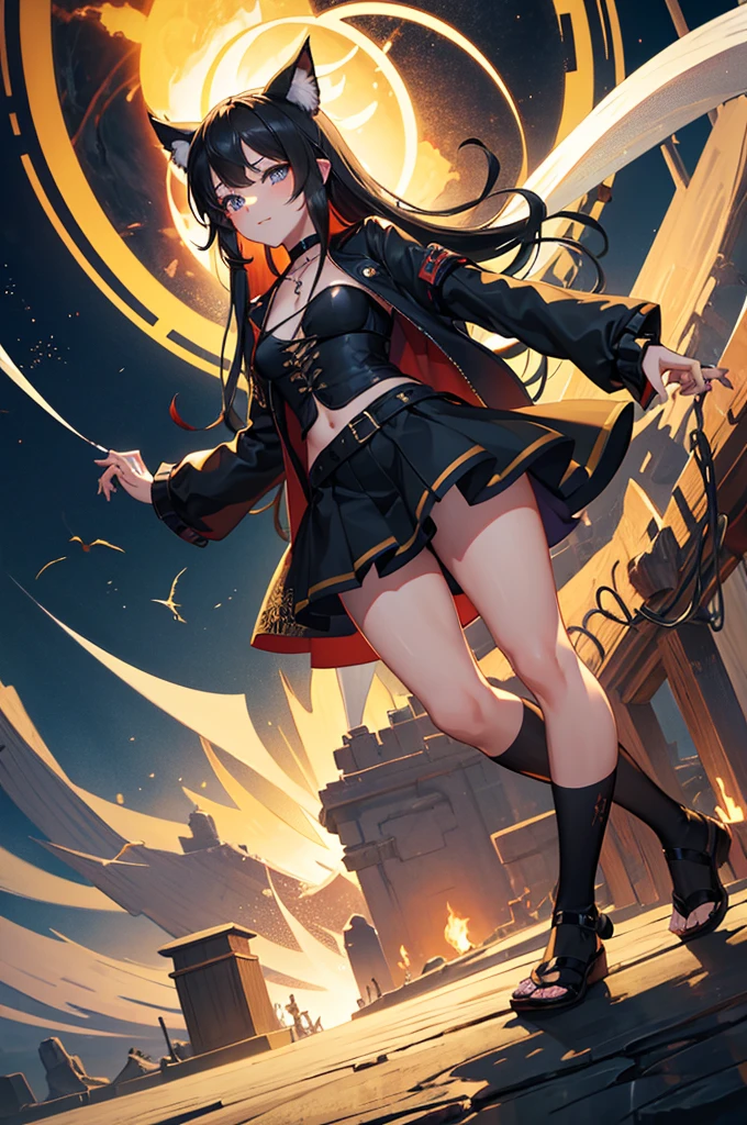 1girl, solo, accurate, Reimu Hakurei, Touhou, forest-background, sunset, clouds, sunny-background, in-the-middle-of-nowhere, detailed, detailed lighting, absurdres, high resolution, sharp, ultrasharp, 8K, masterpiece, looking at viewer, looking-at-husband-which-is-the-viewer, cowboy shot, beautiful, depth of field, blurry background, masterpiece, best quality, married, large-:1.3, beautiful-face, half-closed-eyes, navel, standing, best quality, 28 years old:1.5, long hair, straight hair, black hair, large bangs, detailed fingers, beautiful fingers, beautiful long legs, beautiful body, beautiful nose, perfect face, mature:ature femaleslight-muscle-on-the-arms, female-muscle-body_(small), badass, sexy, gorgeous, wom perfect, happy, in-love, smile, grin, romantic, true-love, wholesomeness, pure-love, emo, detailed jacket, sexy-black-leather-jac, blue shirt, black-plain-choker-necklace_(nothing-on-it), large-black-necklaces_(fancy), black-straps-around-both-arms, gold-logo-on-black-straps-on-the-jacket, detailed skirt, long-black-skirt, flipflops, full-body, womblack eyeliner (makeup), black-vertical-pupils, dragon-pupils, cat-pupils, blue eyes, darkness in the background, cool, black-full-fingerless-gloves, gold-wedding-ring-on-the-right-hand, black-sword-behind-girl, sword-behind-girl, black-darkness-spikes-behind-girl, two-moles-under-the-eye, darkness-around-girl, small-red-ear-rings, black-belt, black-fingernails, dull character design, simple character design, style, change, some-skin, exact, hauntingly beautiful, otherworldly vibe, immersive experience, emotional connection, cute-blush, alone,