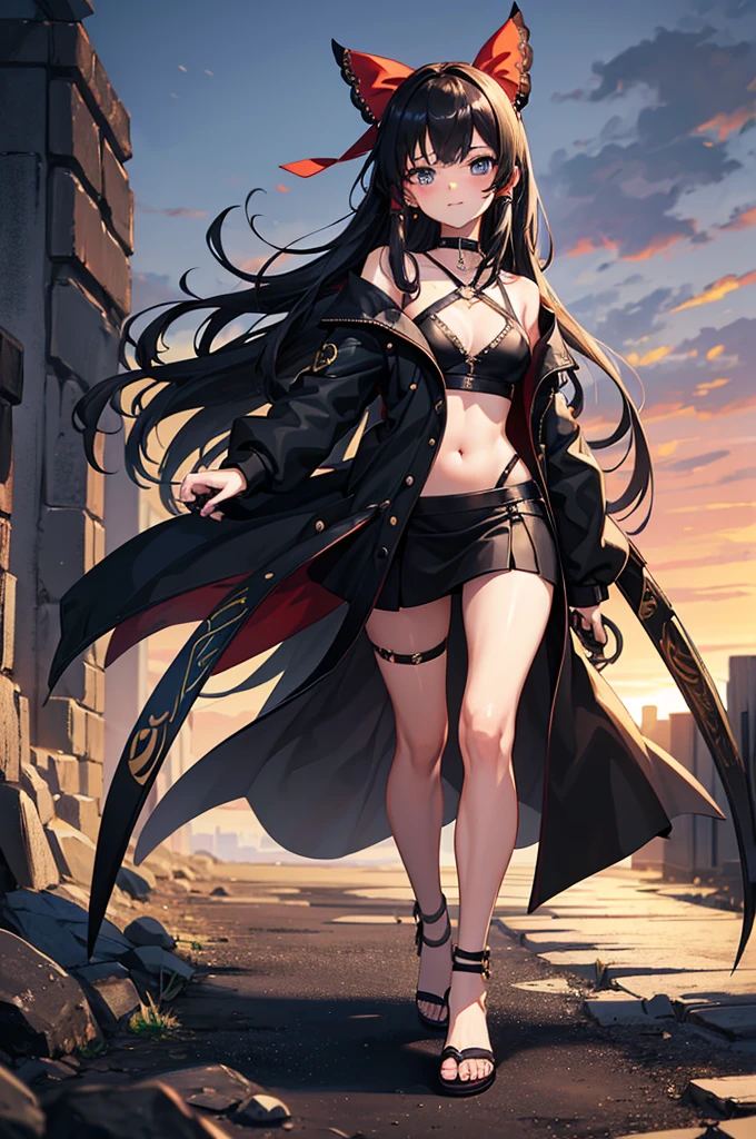 1girl, solo, accurate, Reimu Hakurei, Touhou, forest-background, sunset, clouds, sunny-background, in-the-middle-of-nowhere, detailed, detailed lighting, absurdres, high resolution, sharp, ultrasharp, 8K, masterpiece, looking at viewer, looking-at-husband-which-is-the-viewer, cowboy shot, beautiful, depth of field, blurry background, masterpiece, best quality, married, large-breasts:1.3, beautiful-face, half-closed-eyes, navel, standing, best quality, 28 years old:1.5, long hair, straight hair, black hair, large bangs, detailed fingers, beautiful fingers, beautiful long legs, beautiful body, beautiful nose, perfect face, mature:1.1, mature female:1.2, slight-muscle-on-the-arms, female-muscle-body_(small), badass, sexy, gorgeous, woman, perfect, happy, in-love, smile, grin, romantic, true-love, wholesomeness, pure-love, emo, detailed jacket, sexy-black-leather-jacket, blue shirt, black-plain-choker-necklace_(nothing-on-it), large-black-necklaces_(fancy), black-straps-around-both-arms, gold-logo-on-black-straps-on-the-jacket, detailed skirt, long-black-skirt, flipflops, full-body, woman, black eyeliner (makeup), black-vertical-pupils, dragon-pupils, cat-pupils, blue eyes, darkness in the background, cool, black-full-fingerless-gloves, gold-wedding-ring-on-the-right-hand, black-sword-behind-girl, sword-behind-girl, black-darkness-spikes-behind-girl, two-moles-under-the-eye, darkness-around-girl, small-red-ear-rings, black-belt, black-fingernails, dull character design, simple character design, style, change, some-skin, exact, hauntingly beautiful, otherworldly vibe, immersive experience, emotional connection, cute-blush, alone,