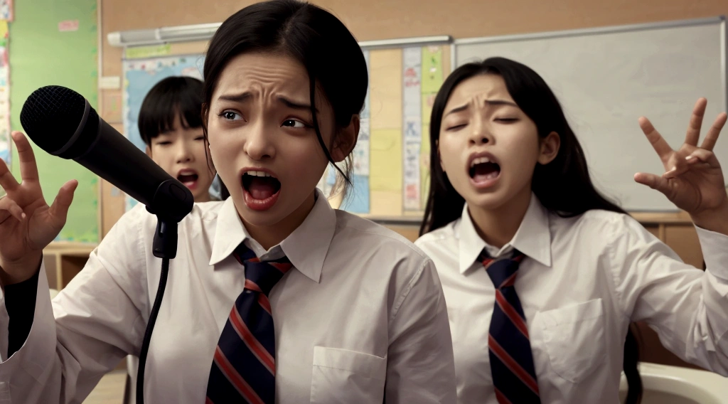 Mouth wide open, screaming, eyes rolling up, fainting, microphone in right hand, toilet paper in left hand, classroom in background