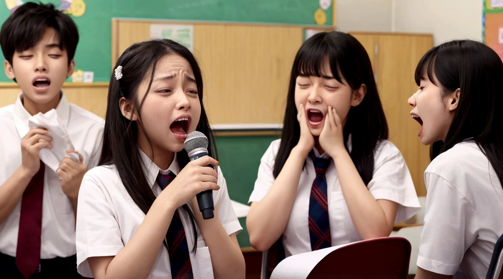 Mouth wide open, screaming, eyes rolling up, fainting, microphone in right hand, toilet paper in left hand, classroom in background