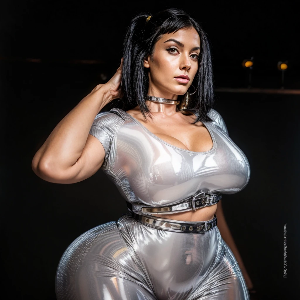 White woman with short and spectacular black hair in dark gray latex bodysuit posing