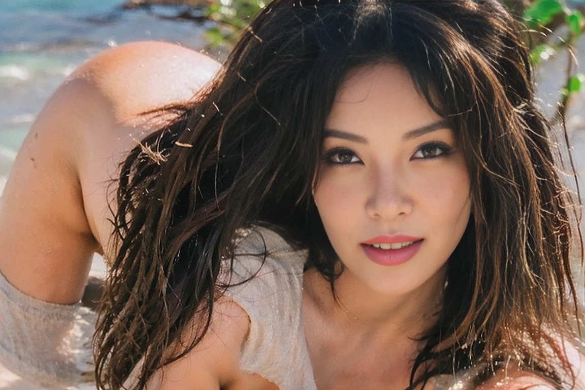 ((detailed face)). perfect breasts, a photo of a beautiful woman, skinny, oily, sweating, textured hair, hair bangs, pony tail, detailed face, large breasts, naked, nsfw, blonde highlights hair, very messy hair, cute face, open leg, showing pussy, on a sunny beach, smiling, asshole , naked , carol nakamura, masterpiece, best quality, (photorealistic:1.4), full body shot, sweating, spreading legs, glossy skin, tan marks, perfect breasts, a photo of a beautiful woman, half asian, skinny, outside, textured hair, detailed face, large breasts, naked, nsfw, blonde highlights hair, very messy hair, open leg, showing pussy, in the beach, smiling, naked , full body visible, showing pussy medium inner labia, pink gap,