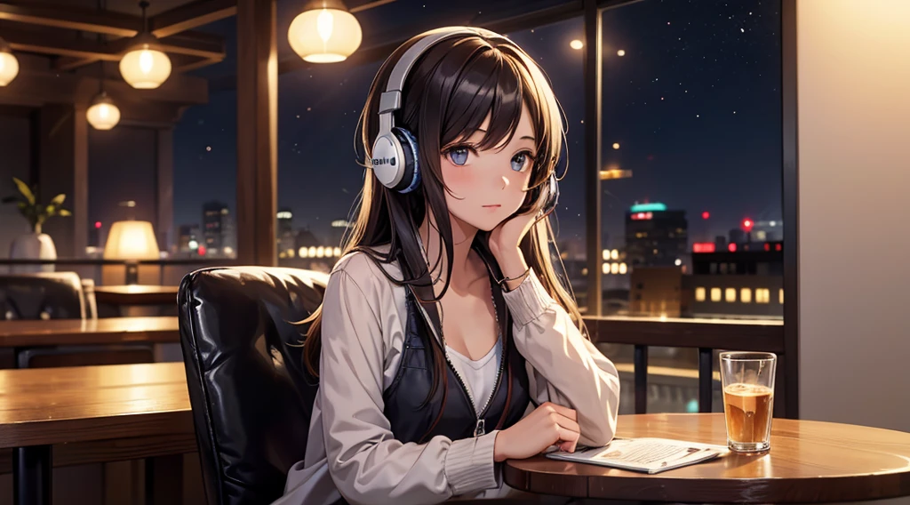 Girl with headphones enjoying music in a cafe　I am studying　Emphasize a little bit of the chest　Night Background