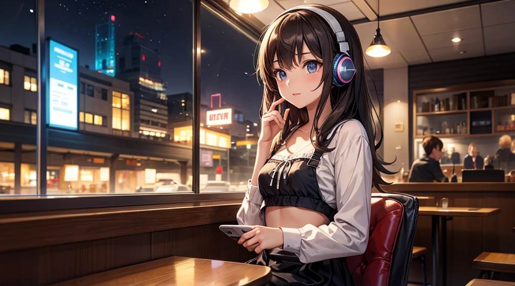 Girl with headphones enjoying music in a cafe I am studying Emphasize a little bit of the chest Night Background