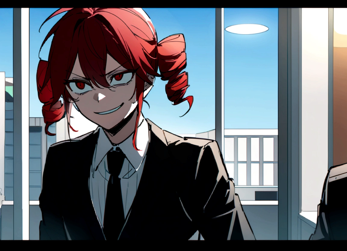Red hair、Black suit、Grab the black-haired man in a suit by the collar、Scary smile、office、Daytime