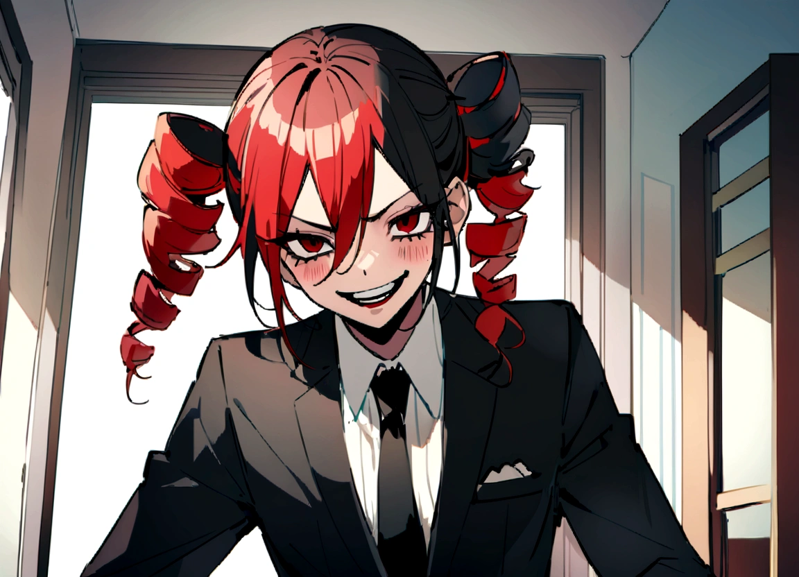 Red hair、Black suit、Grab the black-haired man in a suit by the collar、Scary smile、office、Daytime