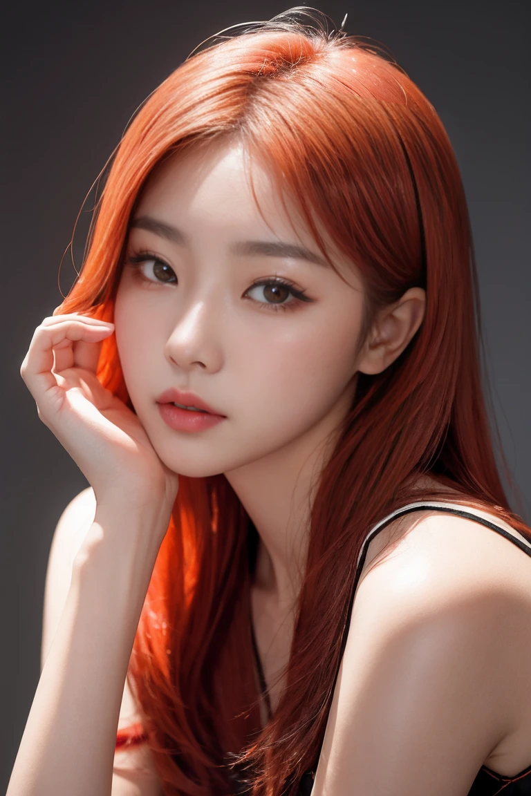 Korean Asian woman white skin pink lips red and orange hair and light eyes