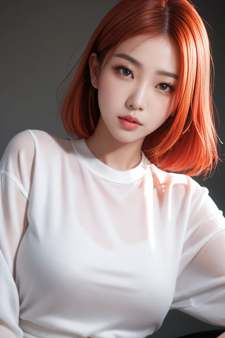 Korean Asian woman white skin pink lips red and orange hair and light eyes