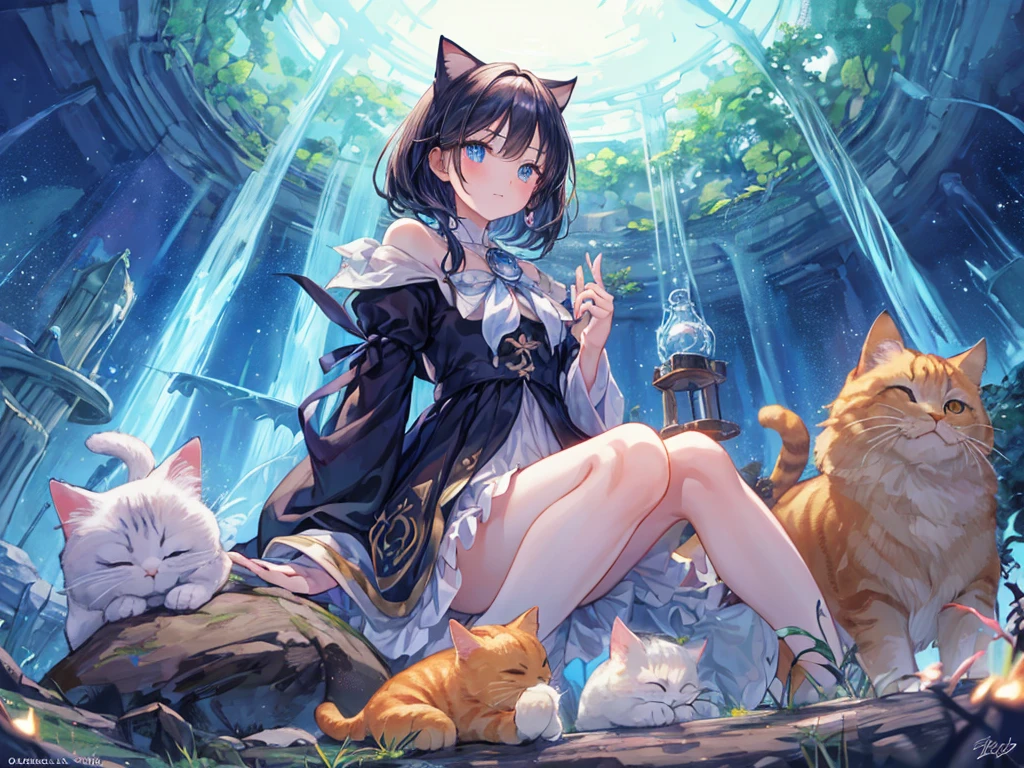 culmination masterpiece, impressive moment, unexampled superlative highres definitely organized detail, (x-ray), from fowerd, from below, close contact, perfect fullbody, perfect hands, perfect face, perfect eyes, (2rest conspicuous nifty magical chibi girls in tent with perfect cats), fantasy world, forest field, illustration, Artistic, peaceful atmosphere, morning,