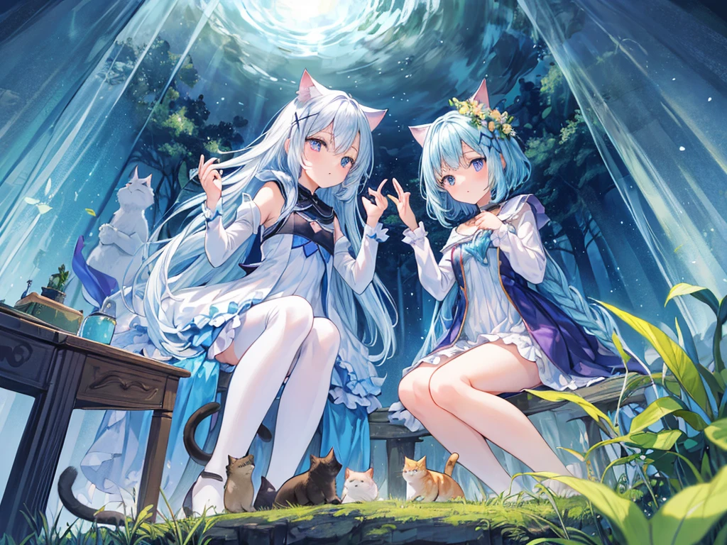 culmination masterpiece, impressive moment, unexampled superlative highres definitely organized detail, (x-ray), from fowerd, from below, close contact, perfect fullbody, perfect hands, perfect face, perfect eyes, (2rest conspicuous nifty magical chibi girls in tent with perfect cats), fantasy world, forest field, illustration, Artistic, peaceful atmosphere, morning,