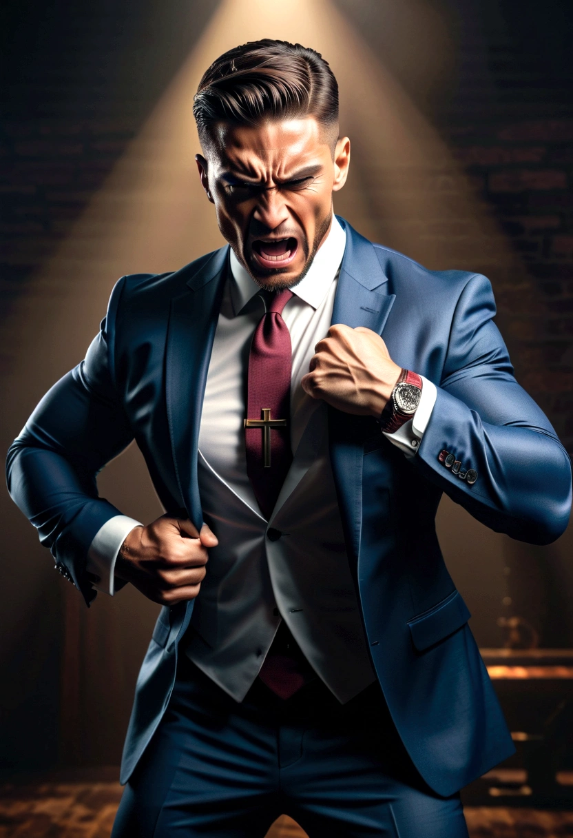 Create an image with a muscular pastor in a suit, tearing up with so much muscle. The pastor has a face that looks angry, he has a pose of exposure with a crucifix in his hand, expelling demons  