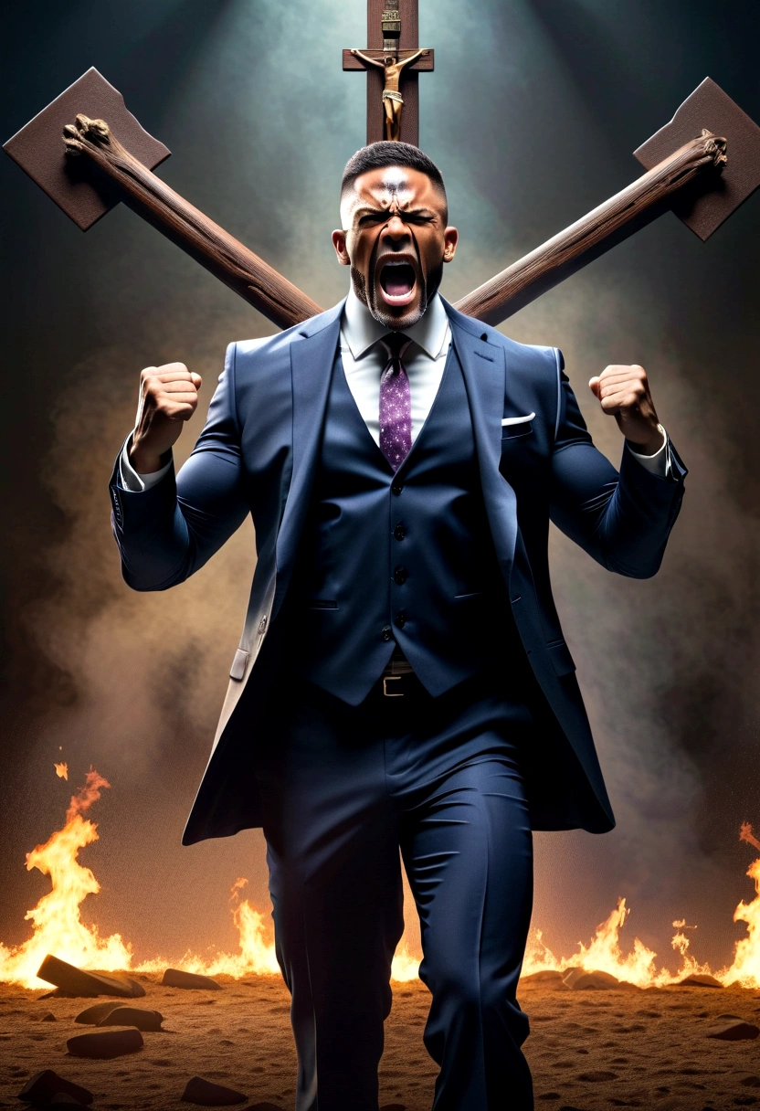 Create an image with a muscular pastor in a suit, tearing up with so much muscle. The pastor has a face that looks angry, he has a pose of exposure with a crucifix in his hand, expelling demons