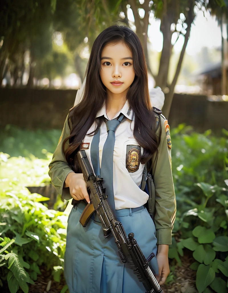 Masterpiece, beautiful 20 year old Indonesian woman in student uniform holding AK47 rifle, long hair, slim athletic body, detailed eyes, proud Indonesian female student, portrait of female student, female student portrait, beautiful female student, Indonesia, about a sniper girl in the war, holding a rifle AK47, holding a rifle, arms folded, portrait of a female city guard, standing in the middle of the city, portrait taken from below, portrait taken, by Arthur Sarkissian, face full of determination, with an AK47 rifle, with an AK47 rifle in hand, very high resolution .photorealistic: 1.4, UHD, beautiful city background,.